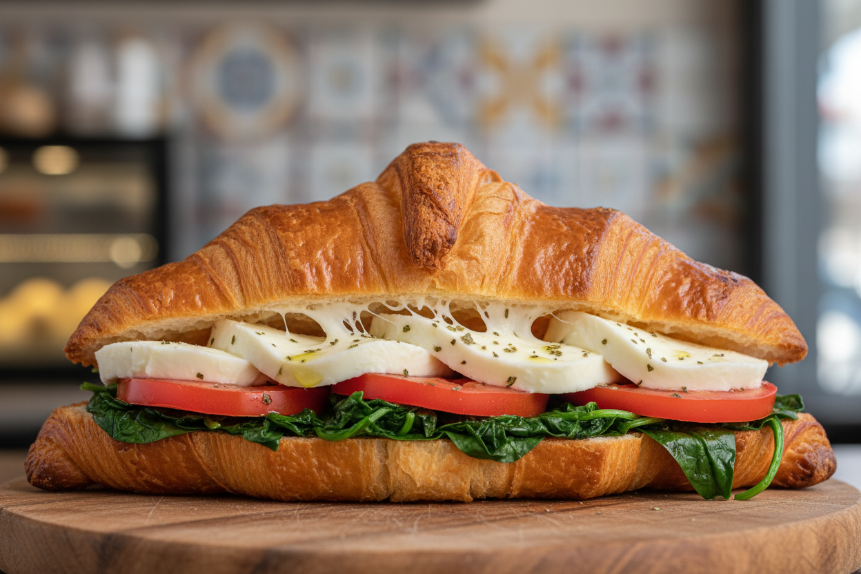 A croissant with mozzarella, tomato, spinaci cotti