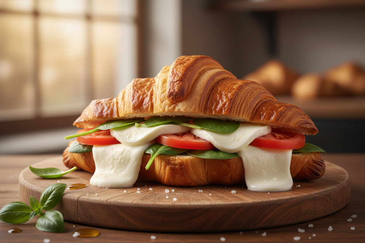 Croissant stuffed with tomato, spinach, and mozzarella.