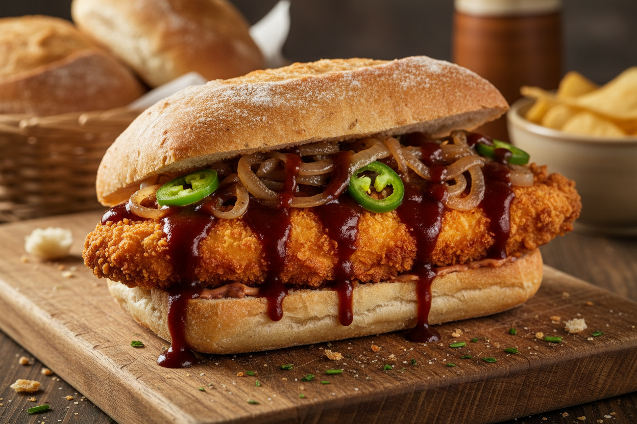 Panino con Fried chicken breast, jatapeno, bbq sauce, onions
