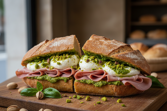 Panino con Mortadella, burrata, pistacchio, pesto