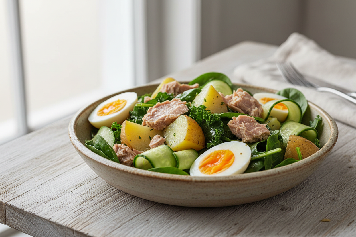 salad with Hearty and wholesome with tuna, potatoes, cucumbers, eggs, and mixed greens.
