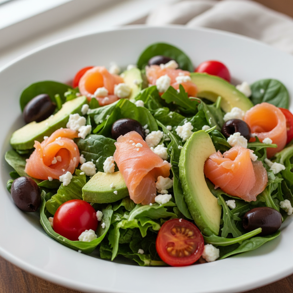 Sald with Mixed green, smoked salmon,avocado, kalamata olives, tomatoes, feta